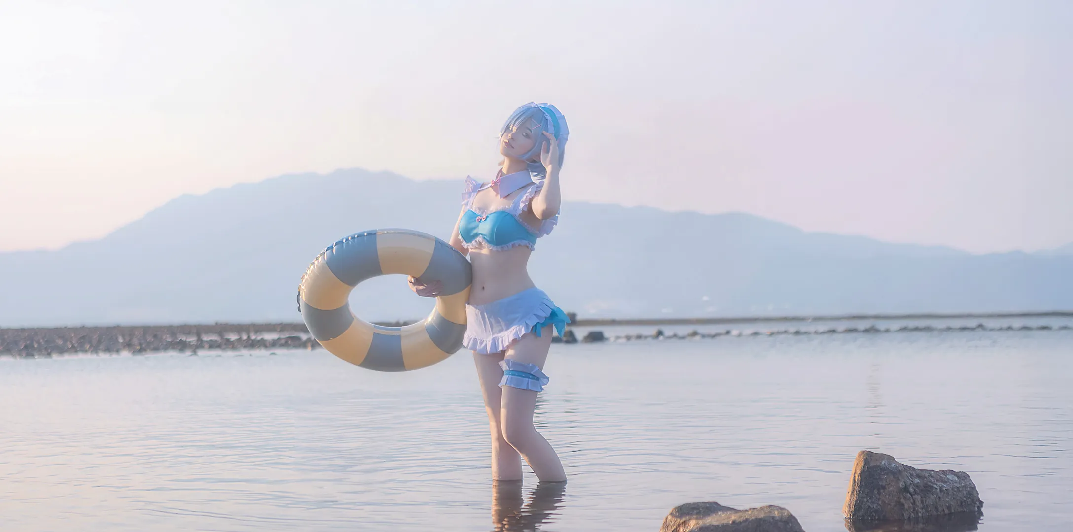 Anime-style photography, Rem cosplay, Seaside photoshoot, Blue and white outfit, Swimsuit outdoor photography - Image 8