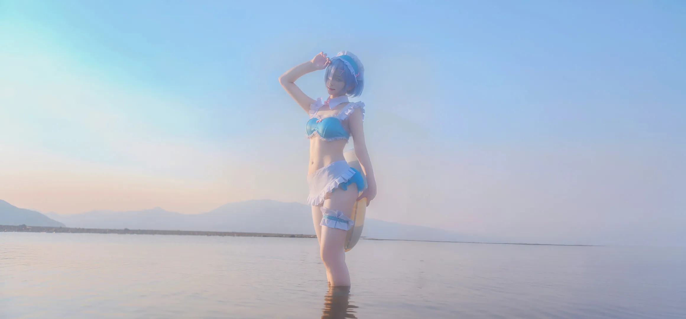 Anime-style photography, Rem cosplay, Seaside photoshoot, Blue and white outfit, Swimsuit outdoor photography - Image 9