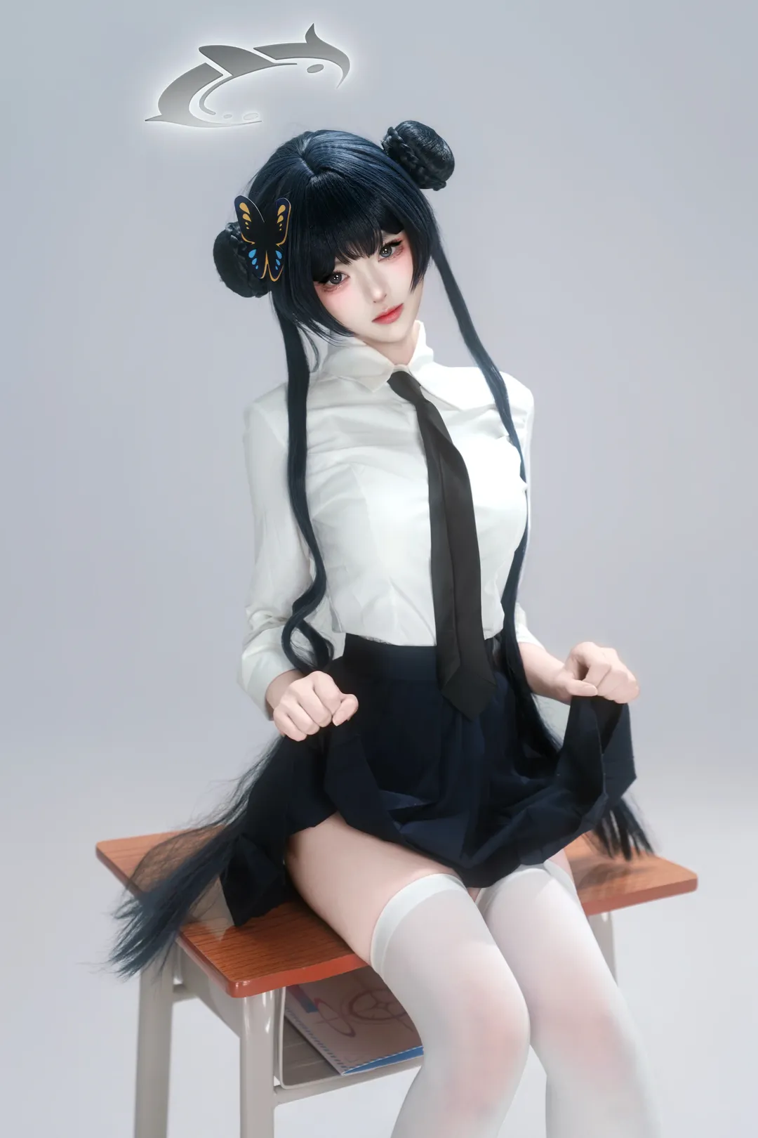 二次元少女, 蔚藍檔案, 龍華妃咲cos, 白絲過膝襪, jk制服cosplay