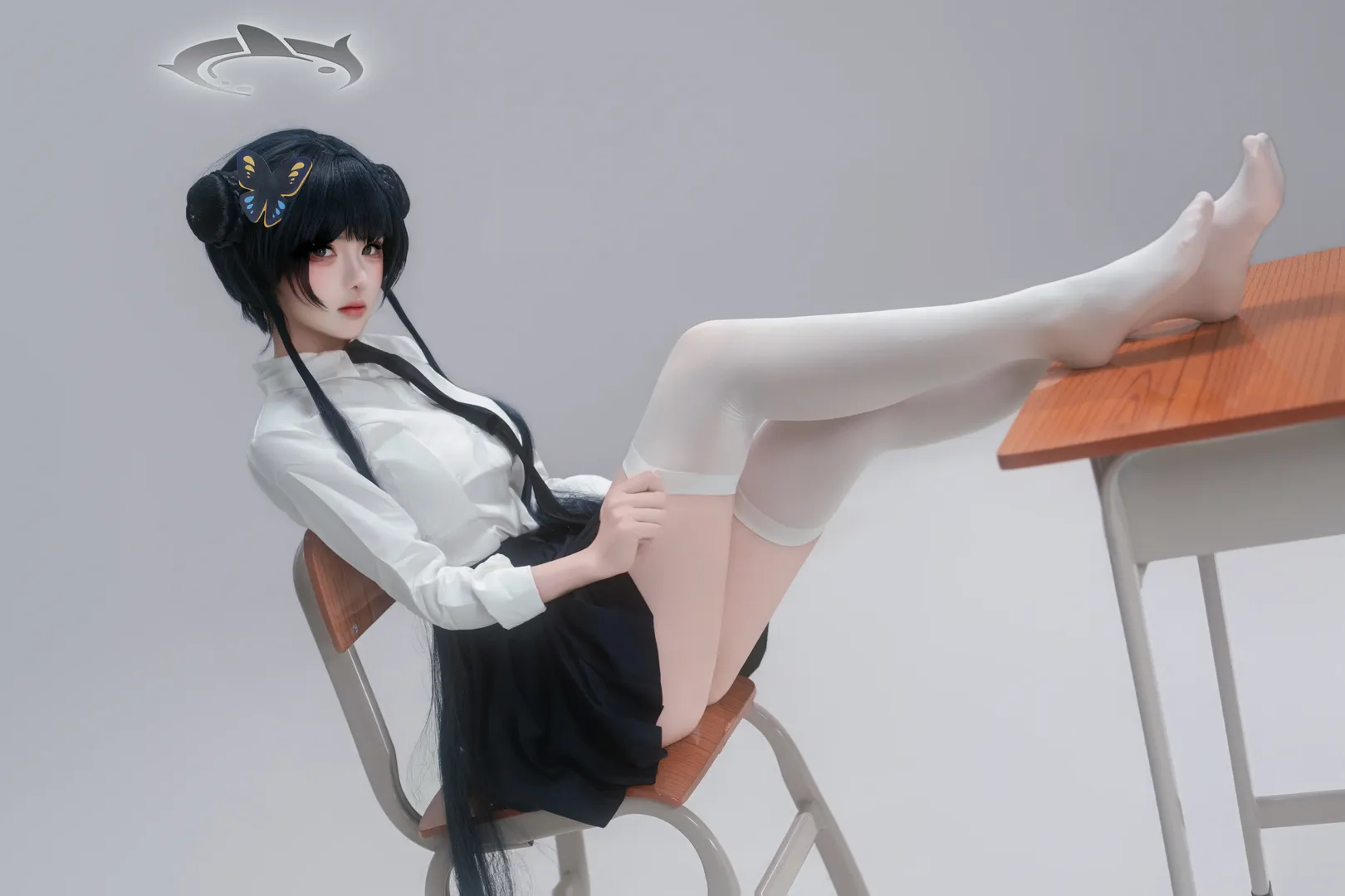 二次元少女, 蔚蓝档案, 龙华妃咲cos, 白丝过膝袜, jk制服cosplay - 第7张