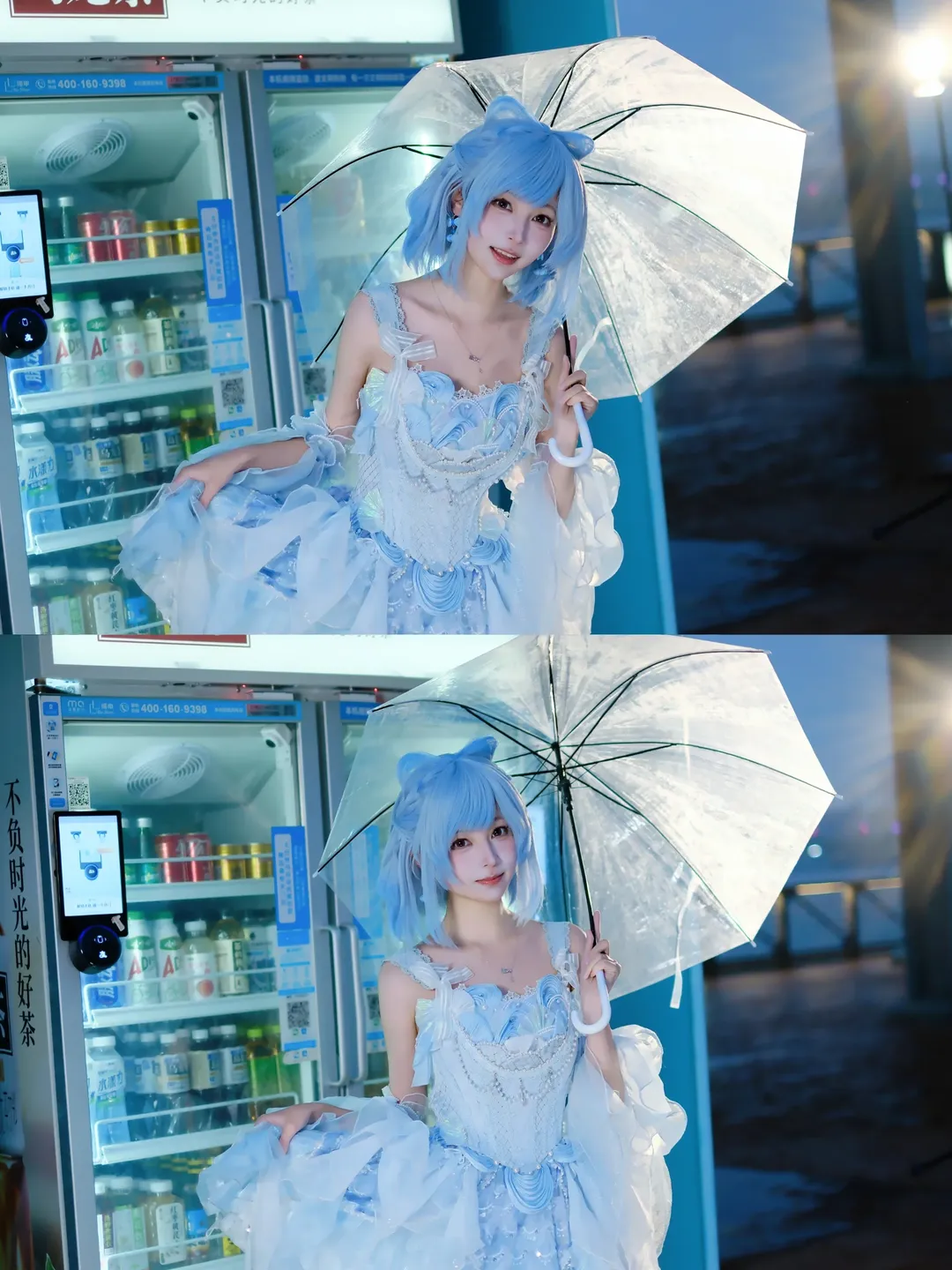 二次元少女, cosplay摄影, 蓝白轻纱, 雨夜夜景, 透明雨伞道具 - 第3张