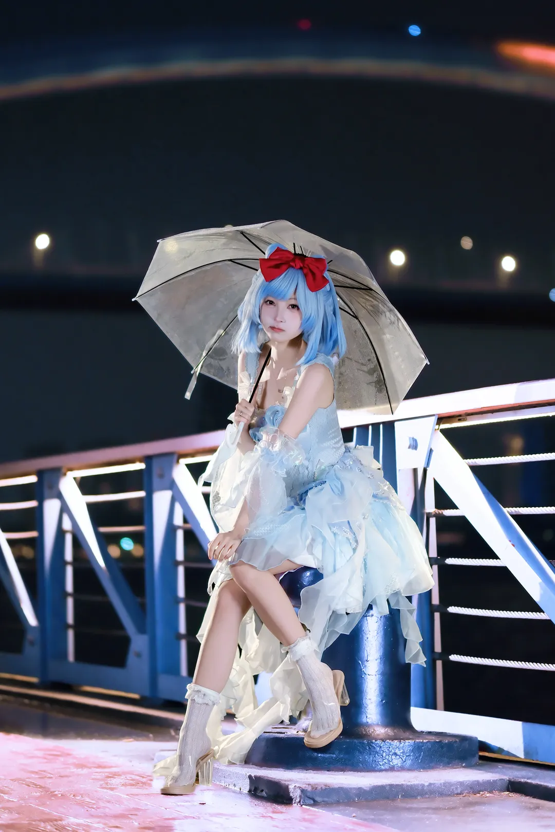 二次元少女, cosplay摄影, 蓝白轻纱, 雨夜夜景, 透明雨伞道具 - 第6张