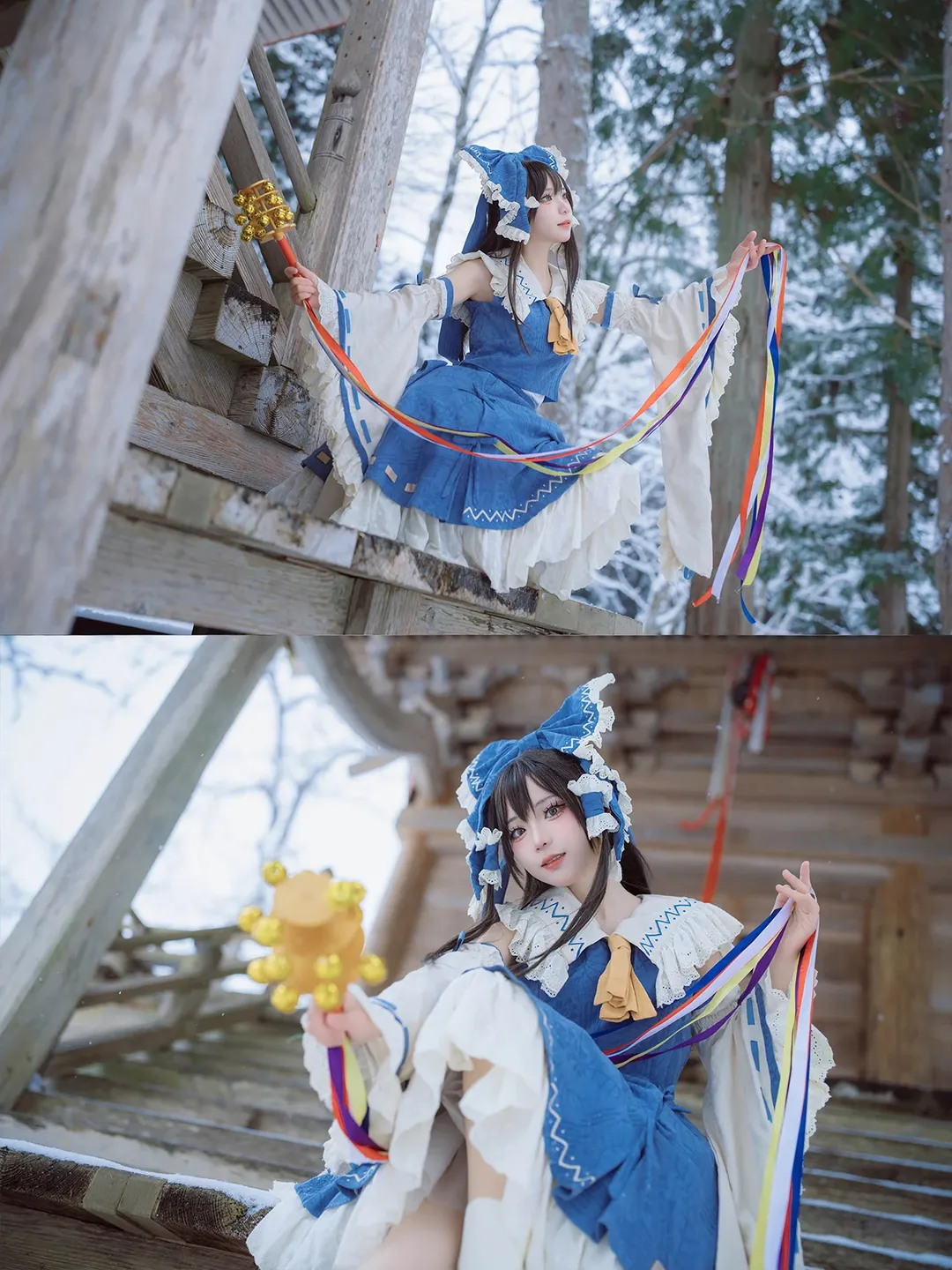 神社摄影, 蓝白洋装, 雪景cos, 冬季人像, 铃铛道具 - 第11张