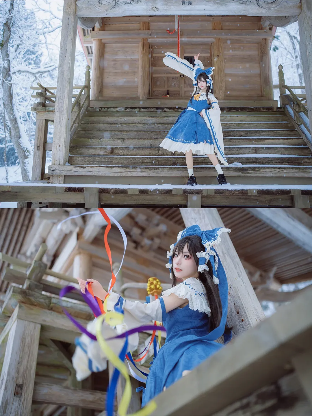 神社摄影, 蓝白洋装, 雪景cos, 冬季人像, 铃铛道具 - 第12张