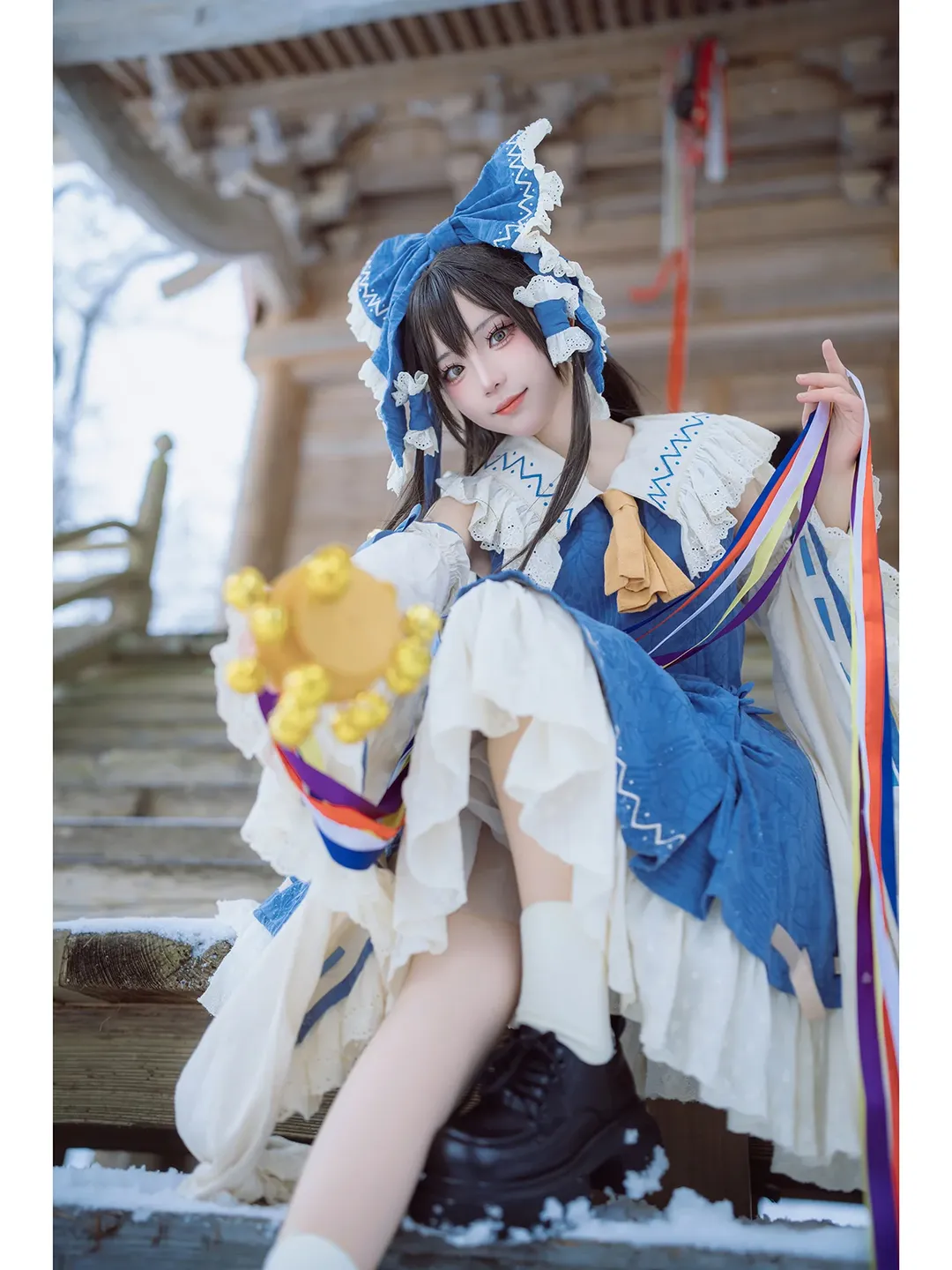 神社摄影, 蓝白洋装, 雪景cos, 冬季人像, 铃铛道具 - 第7张