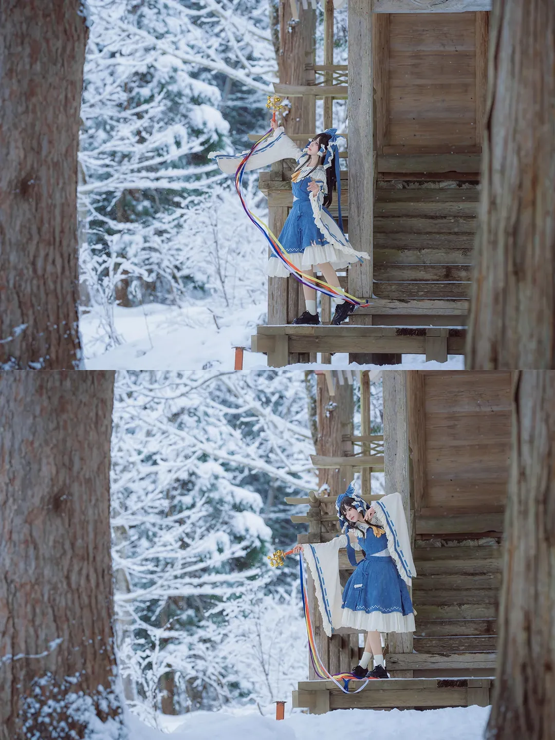 神社摄影, 蓝白洋装, 雪景cos, 冬季人像, 铃铛道具 - 第8张