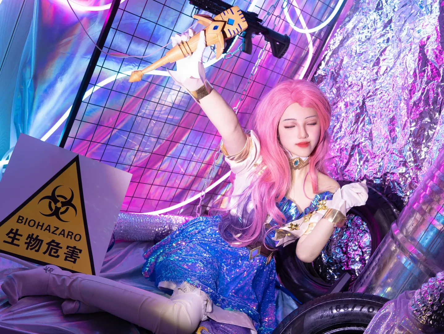 ピンクのウィッグ, リーグ・オブ・レジェンド, サイバーパンク・コスプレ, セラフィーン コスプレ, スパンコールスカートコーデ - 3枚目