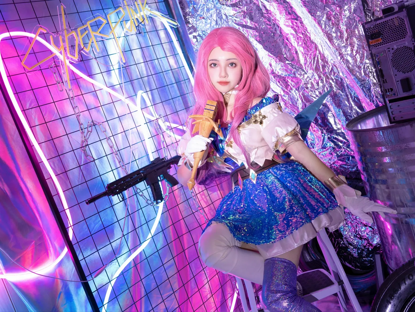 ピンクのウィッグ, リーグ・オブ・レジェンド, サイバーパンク・コスプレ, セラフィーン コスプレ, スパンコールスカートコーデ - 6枚目