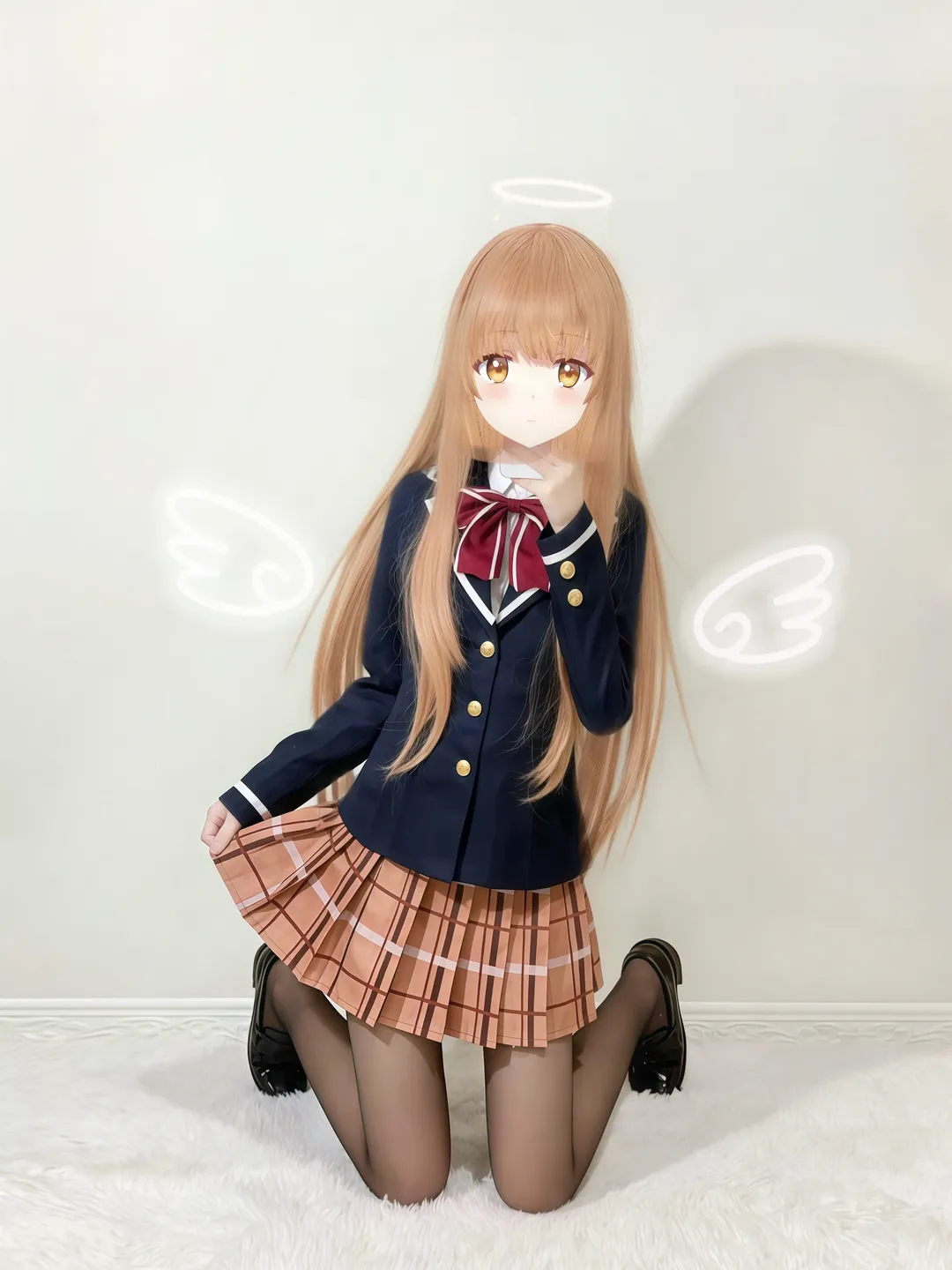 椎名真昼cos, 邻家天使大人, JK制服cosplay, 百褶裙穿搭, 天使光环特效