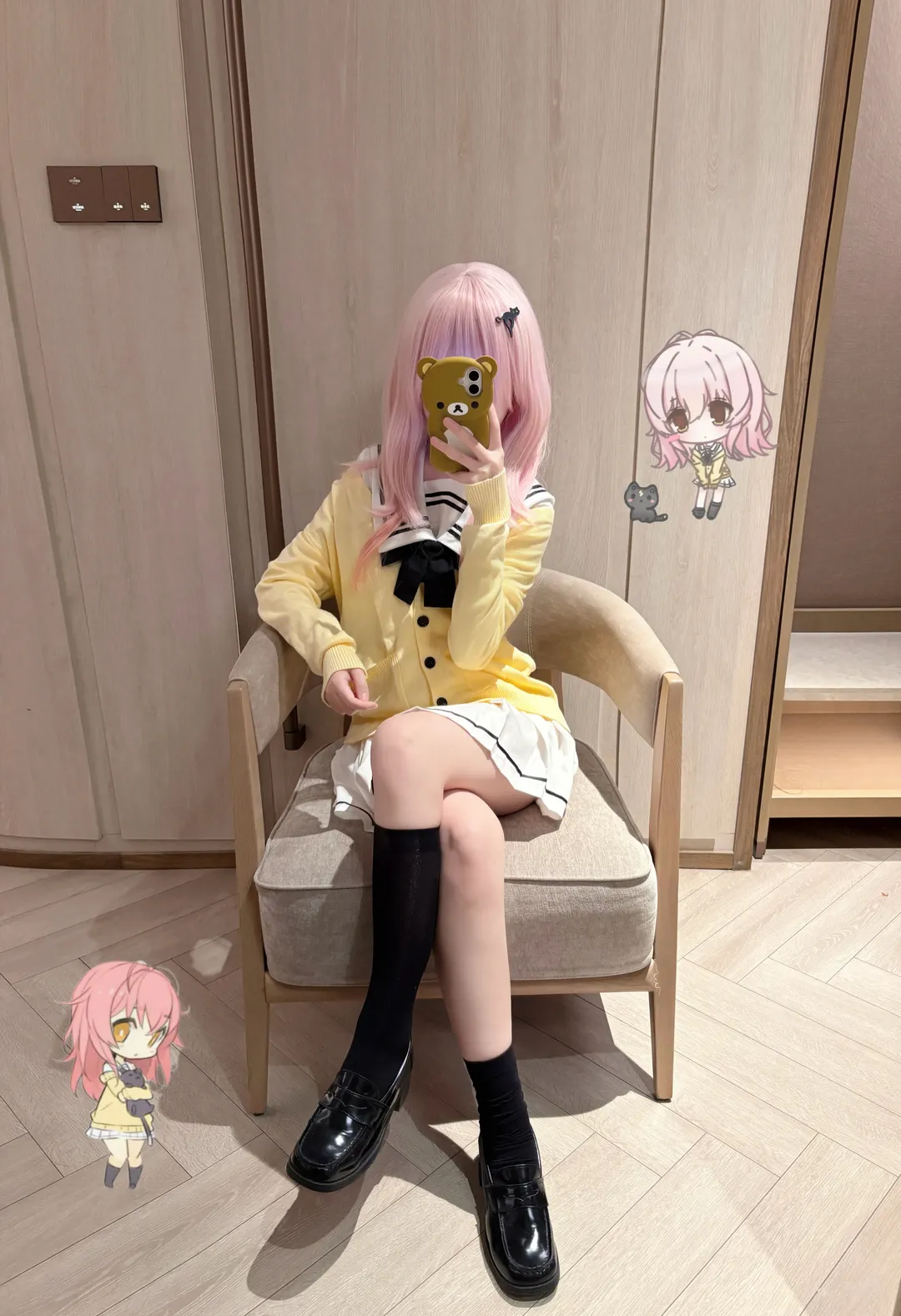 Galgame, Mukou Aoi cosplay, Yellow cardigan outfit, Academy style school uniform, Over-the-knee socks and loafers - Image 2