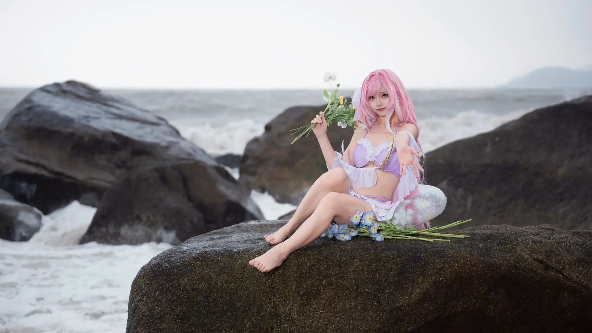 爱莉希雅cos, 崩坏3, 二次元cosplay, 海边cos, 青岛旅拍