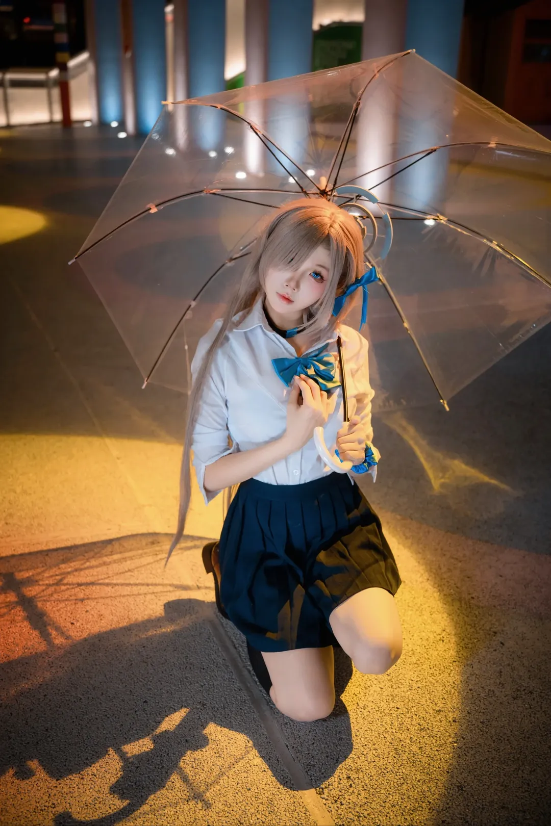 Blue Archive, Ichinose Asuna cosplay, Dreamcore park photoshoot, Transparent umbrella prop, Anime night photography