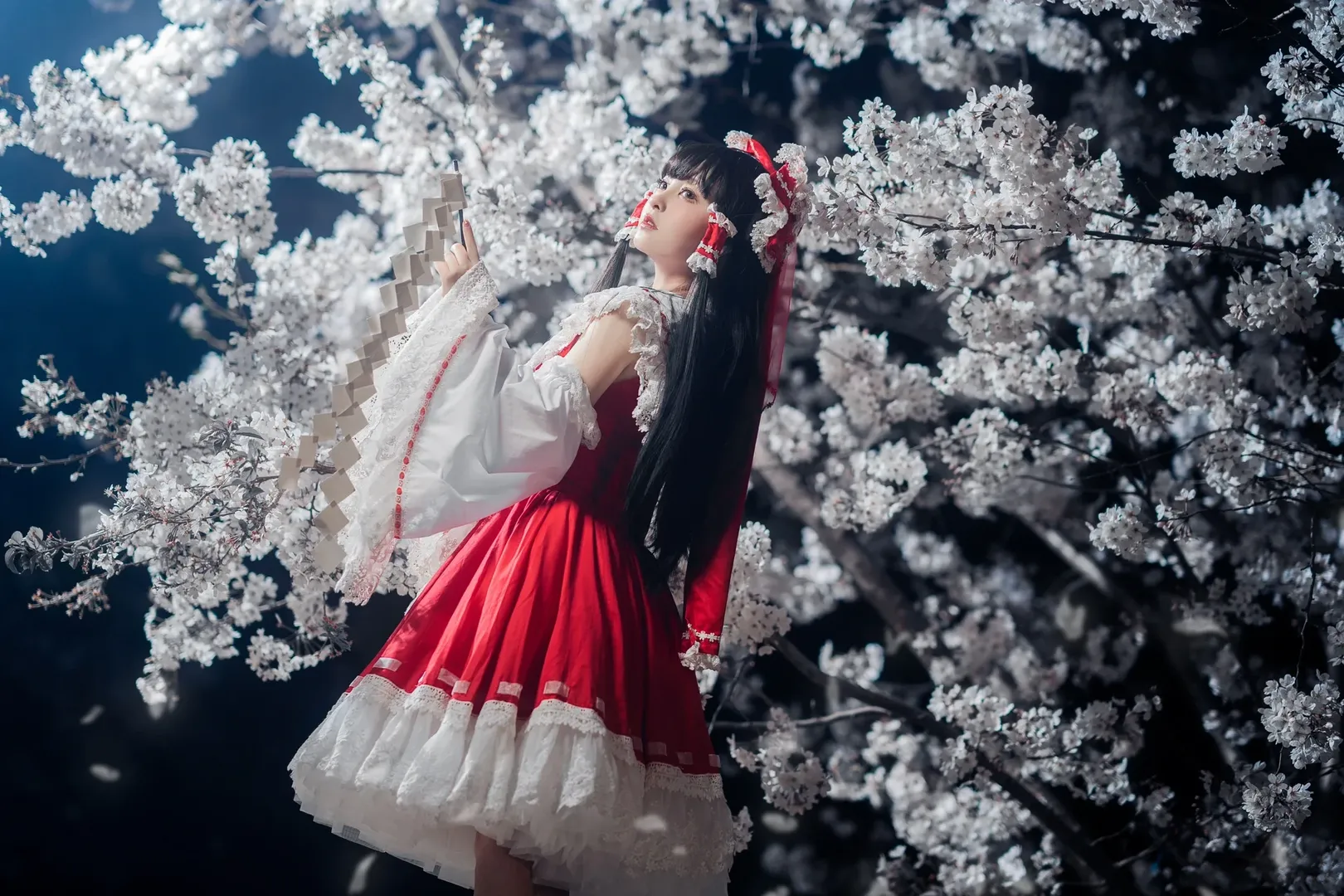 Reimu Hakurei Cosplay, Touhou Project, Girl photography, Portrait photography, Night cherry blossom photography - Image 4