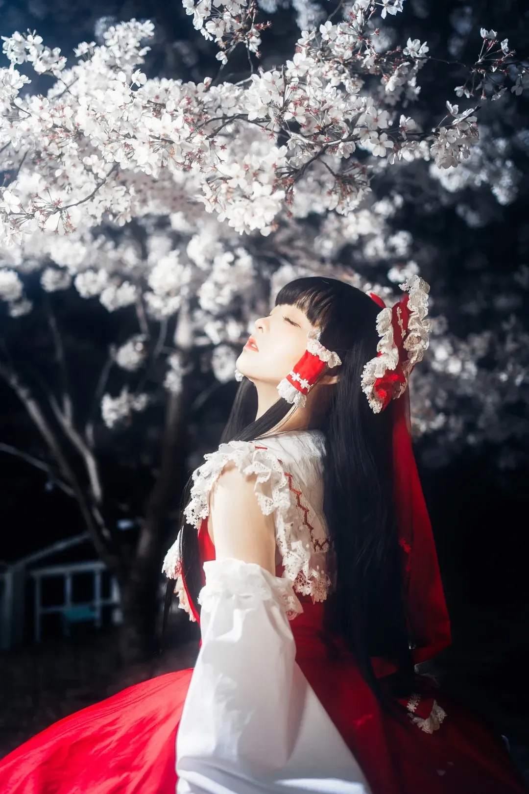 Reimu Hakurei Cosplay, Touhou Project, Girl photography, Portrait photography, Night cherry blossom photography - Image 7