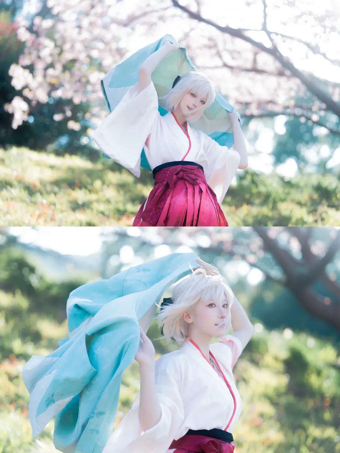 二次元撮影, フェイト, 沖田総司 コスプレ, 桜の屋外ロケーション, 和風剣士 - 1枚目
