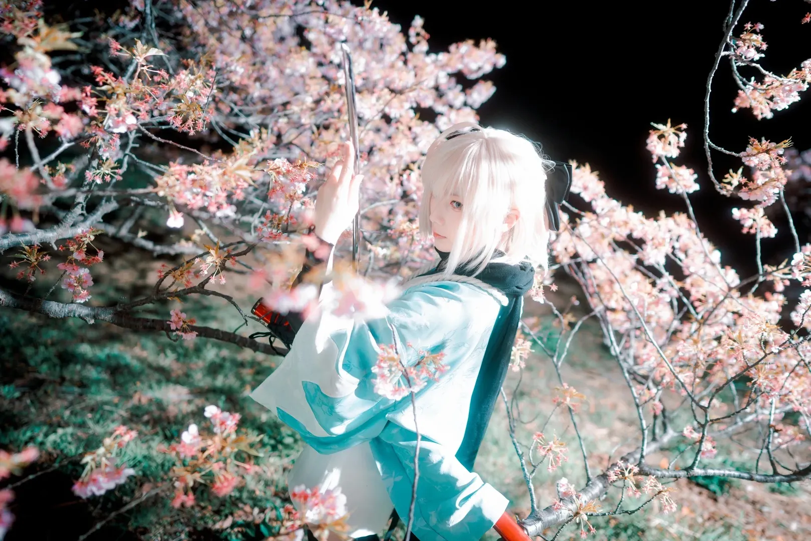 二次元撮影, フェイト, 沖田総司 コスプレ, 桜の屋外ロケーション, 和風剣士 - 12枚目