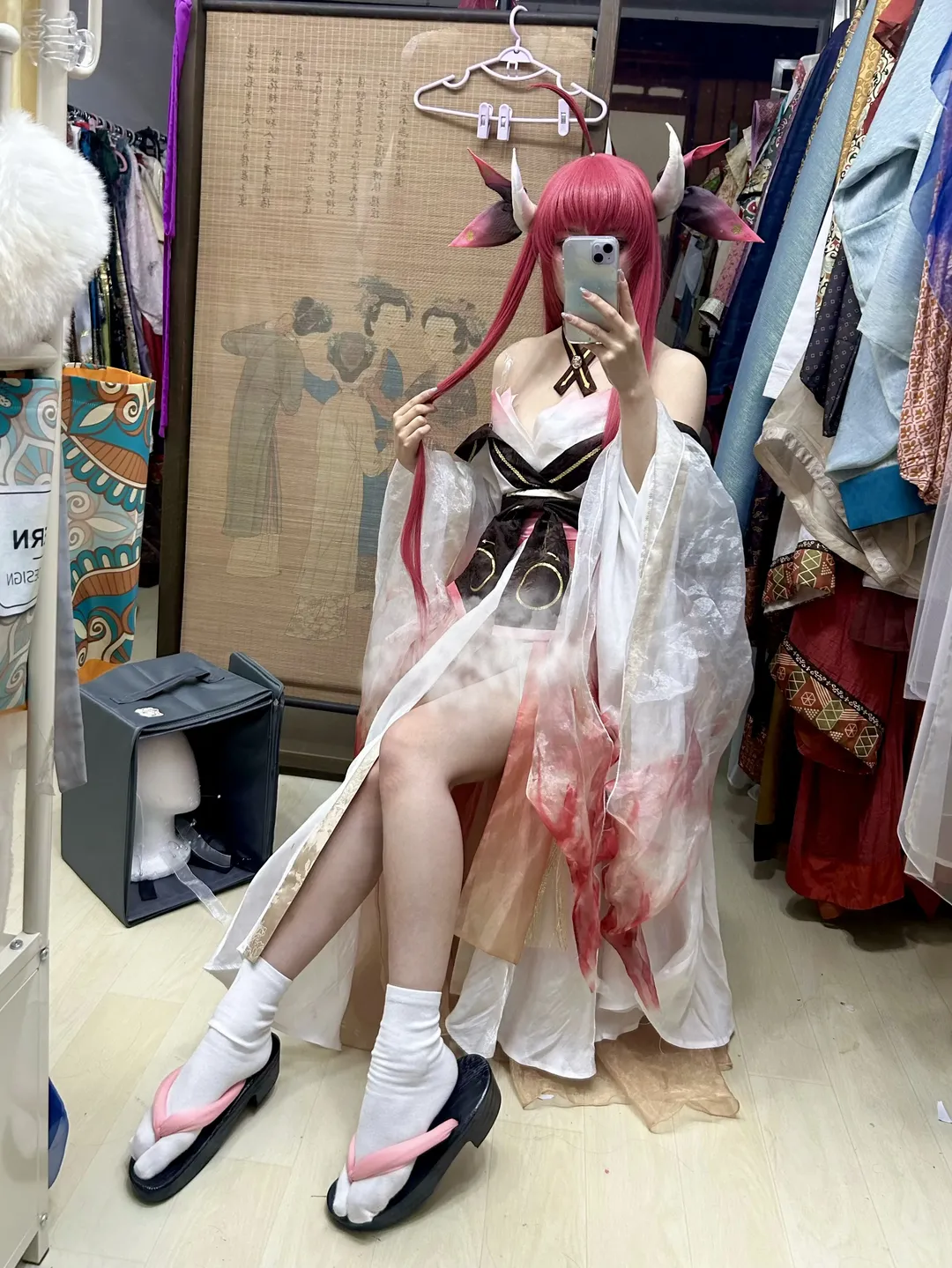 鏡越しの自撮り, 二次元ファッション, 五河琴里 コスプレ, ピンクの獣耳, 和風霊装