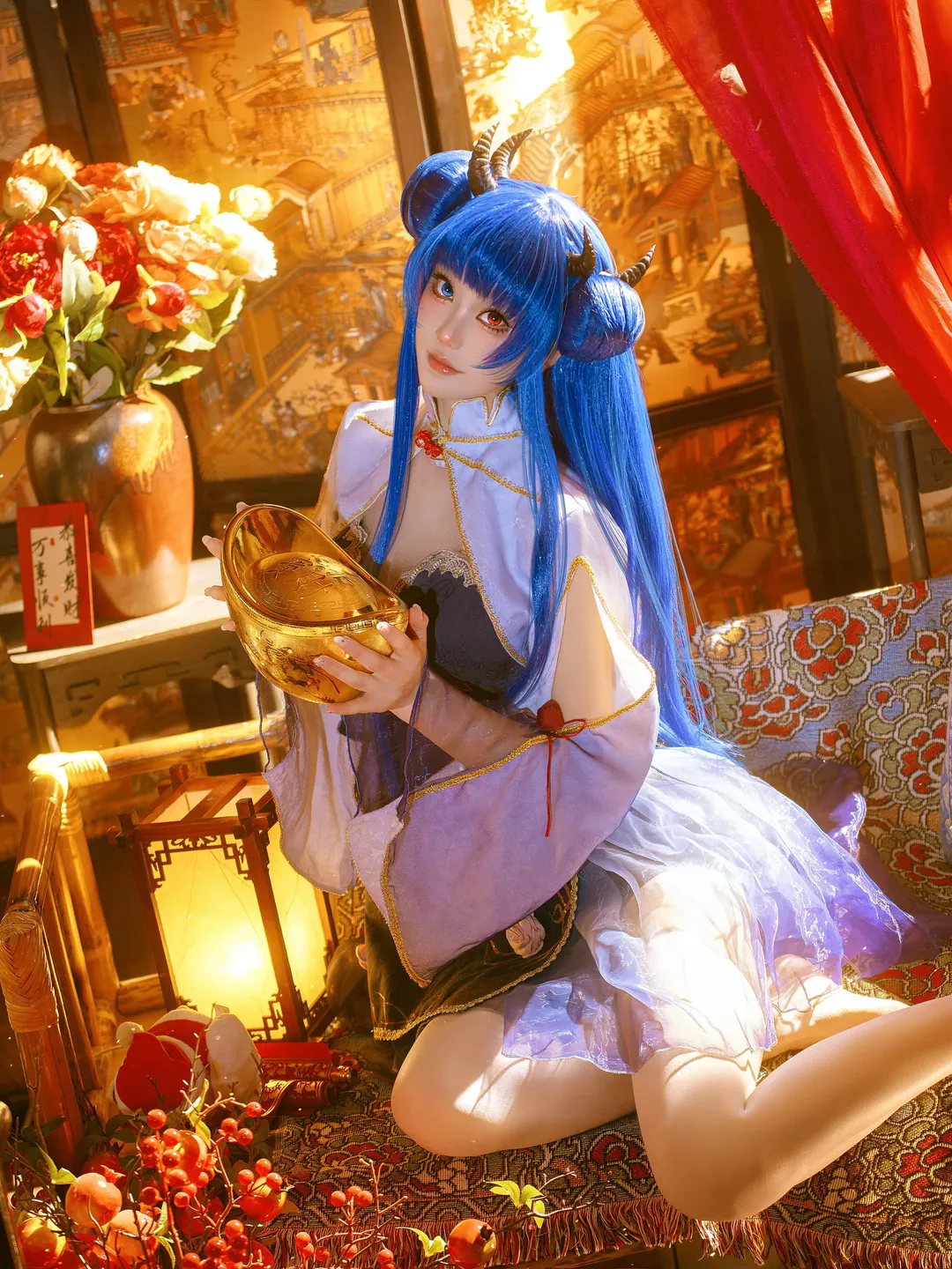 アズールレーン, 中華風コスプレ, イブキ コスプレ, 元宝アイテム, 青髪で2本の角