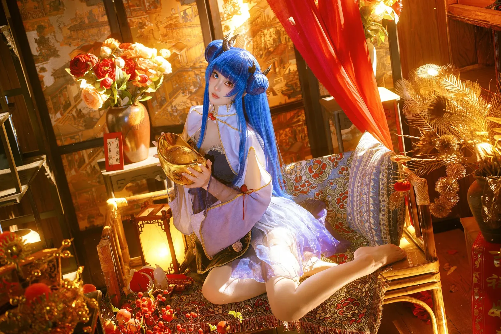 碧蓝航线, 国风cosplay, 伊吹cos, 元宝道具, 蓝发双角 - 第2张