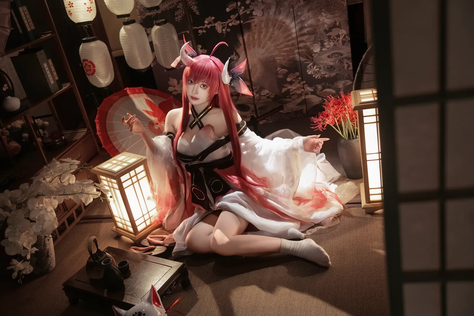 二次元少女, 角色扮演摄影, 和风cosplay, 红色彼岸花, 日式光影