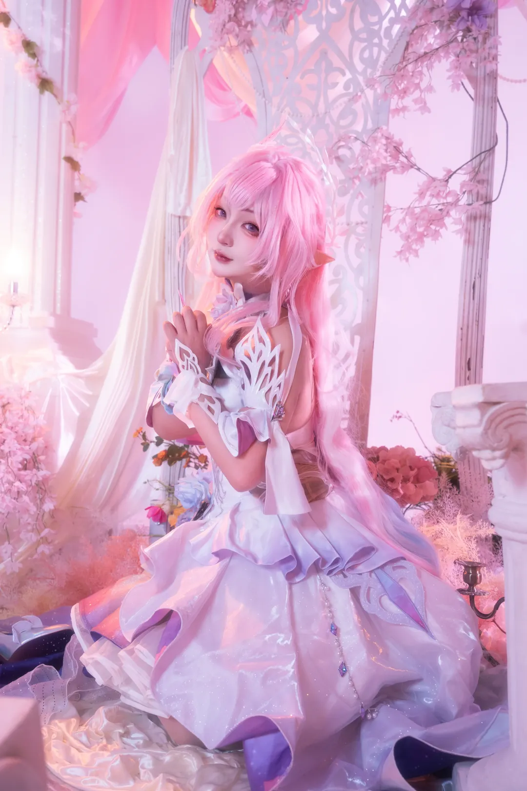 キュレネ コスプレ, 崩壊：スターレイル, 幻想的なポートレート撮影, エルフ耳スタイル, 2次元風背景設営