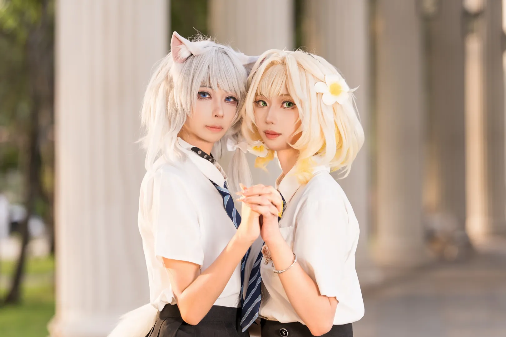 Anime-style photography, Aglaea Cosplay, Honkai: Star Rail, School style cosplay, Outdoor photoshoot daily life