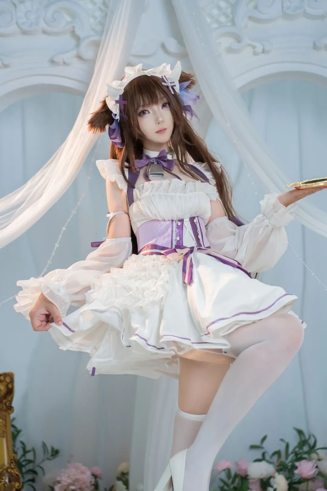 Azur Lane, Kashino Cosplay, Maid outfit cosplay, White stockings and high heels, Animal tail moe girl