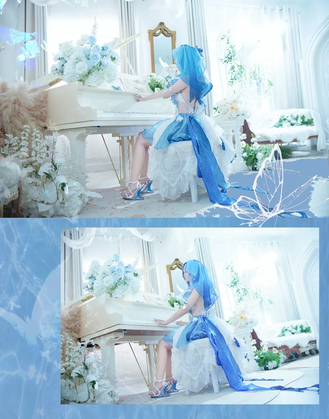 唯美写真, 梦幻摄影, 鸣潮cosplay, 钢琴场景, 蓝白纱裙 - 第3张