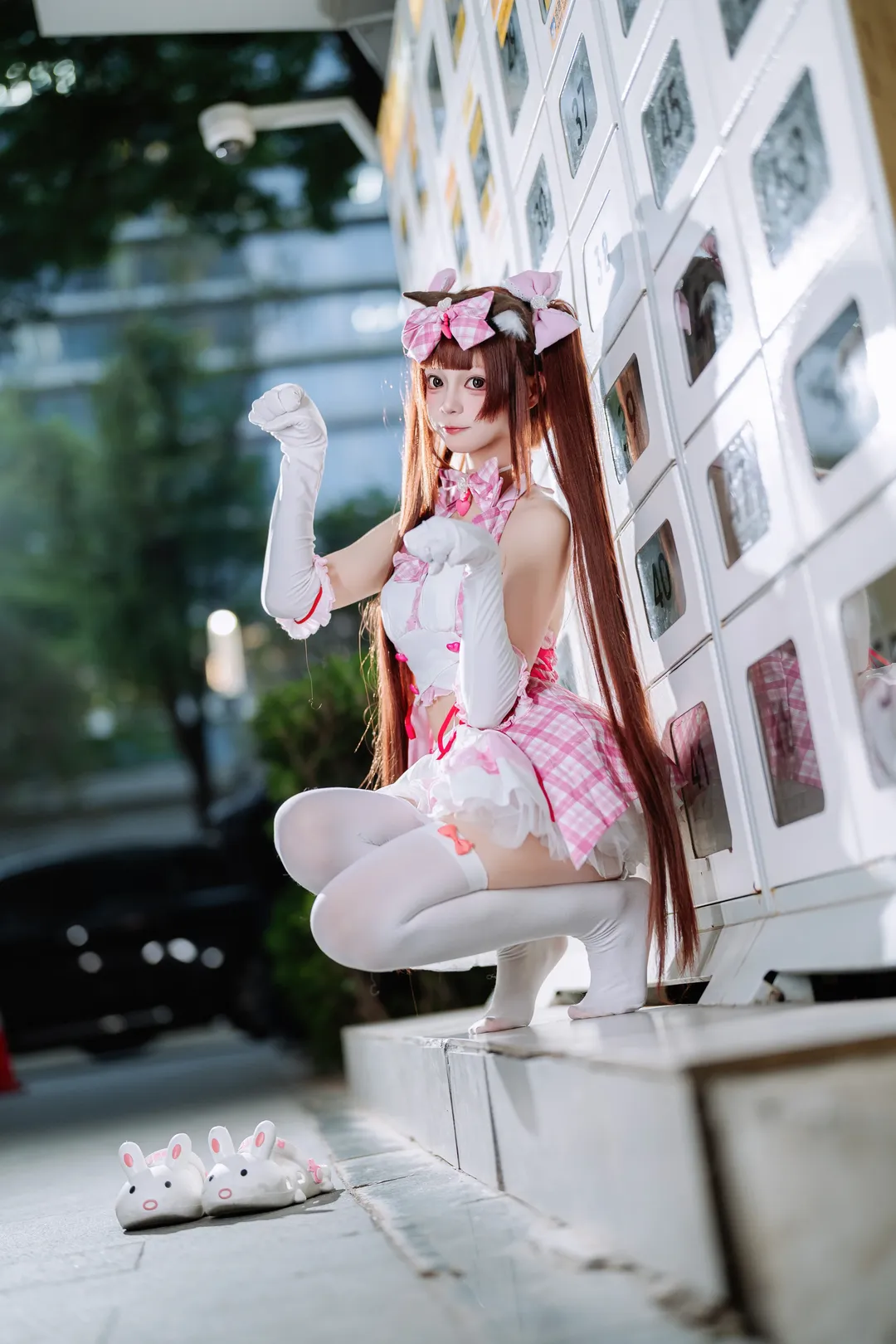 Firefly ACG Expo, NEKOPARA, White stockings twintails, Nekopara cosplay, Pink and white plaid maid outfit