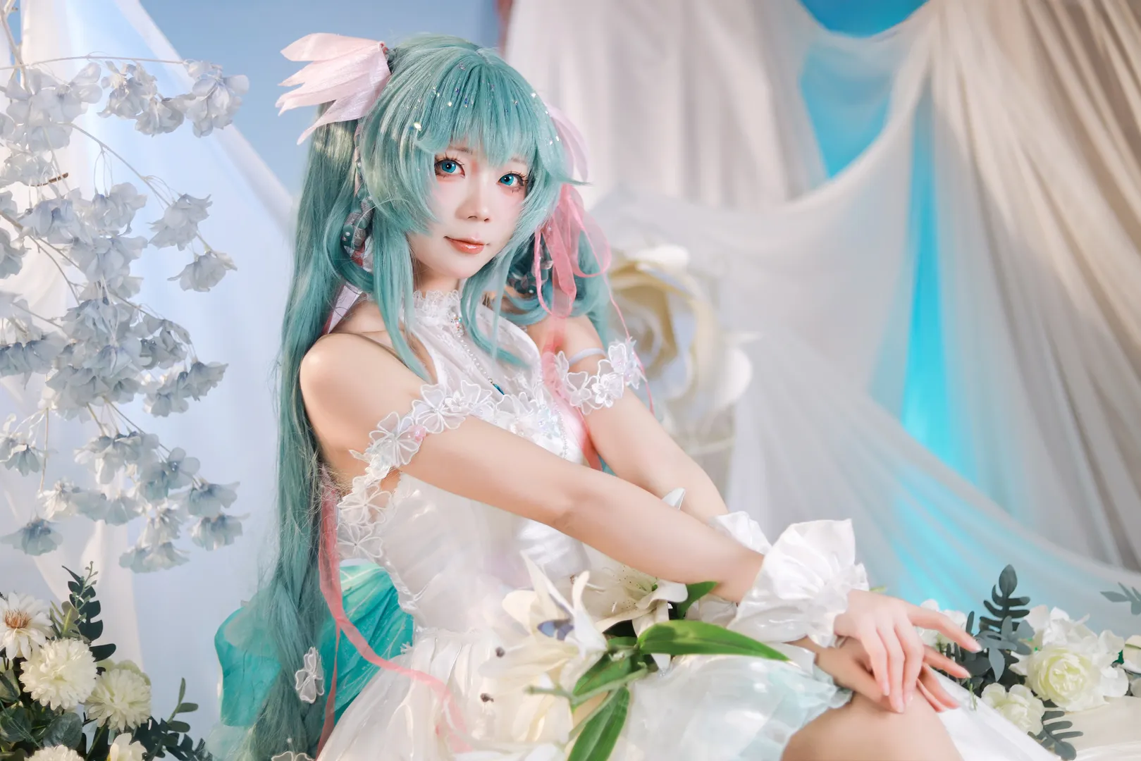 初音未来, 初音未来cos, 二次元甜妹, 白纱裙造型, 梦幻感写真 - 第2张
