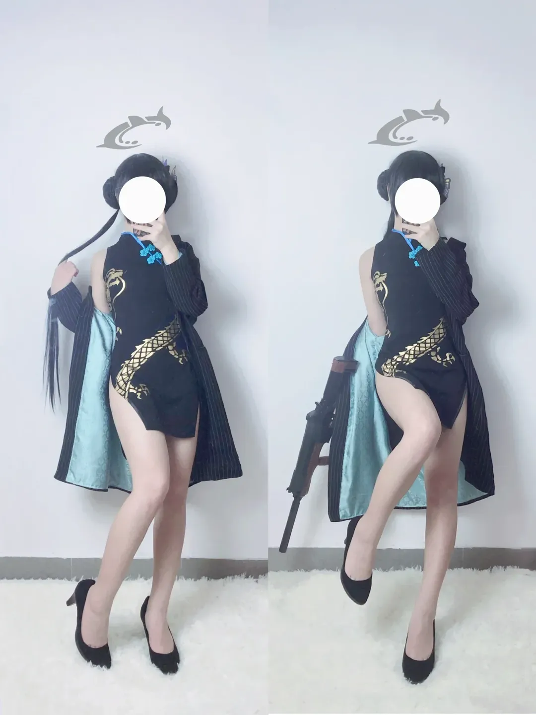 妃咲cos, 碧蓝档案, 二次元cosplay, 黑旗袍穿搭, 高开叉裙 - 第1张