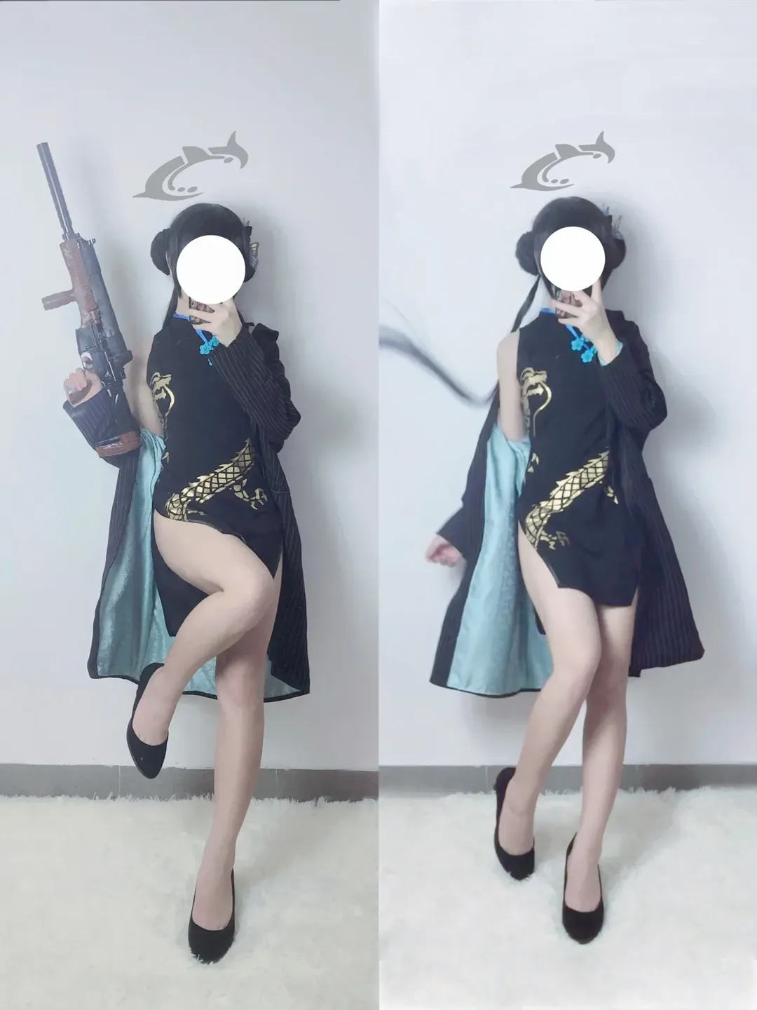 妃咲cos, 碧蓝档案, 二次元cosplay, 黑旗袍穿搭, 高开叉裙 - 第2张