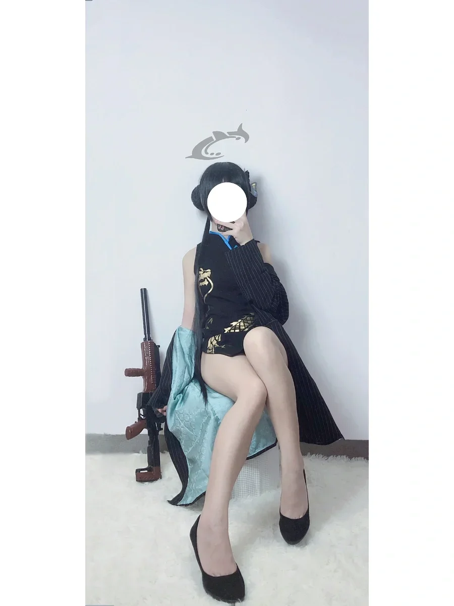 妃咲cos, 碧蓝档案, 二次元cosplay, 黑旗袍穿搭, 高开叉裙 - 第6张