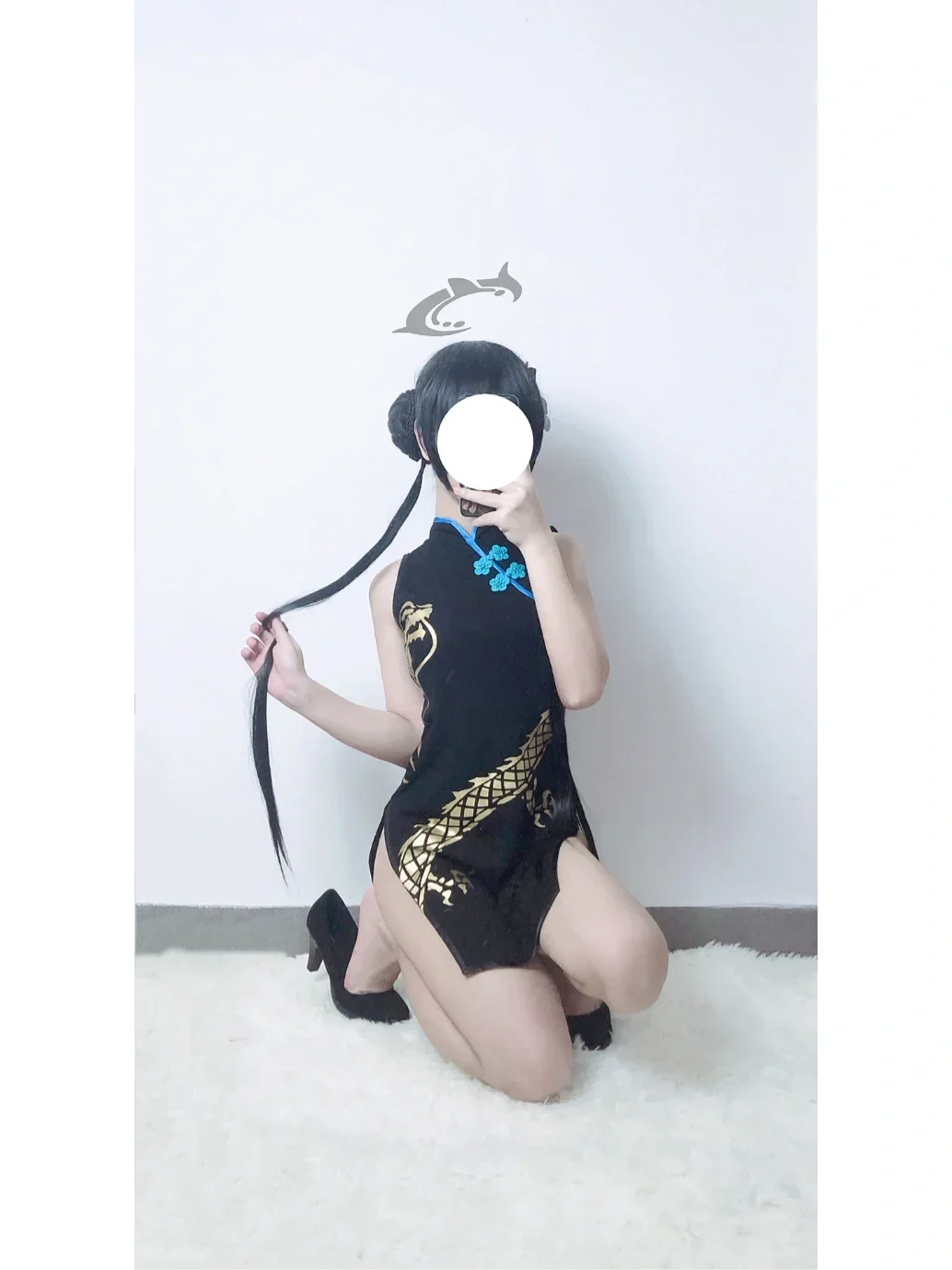 妃咲cos, 碧蓝档案, 二次元cosplay, 黑旗袍穿搭, 高开叉裙 - 第7张