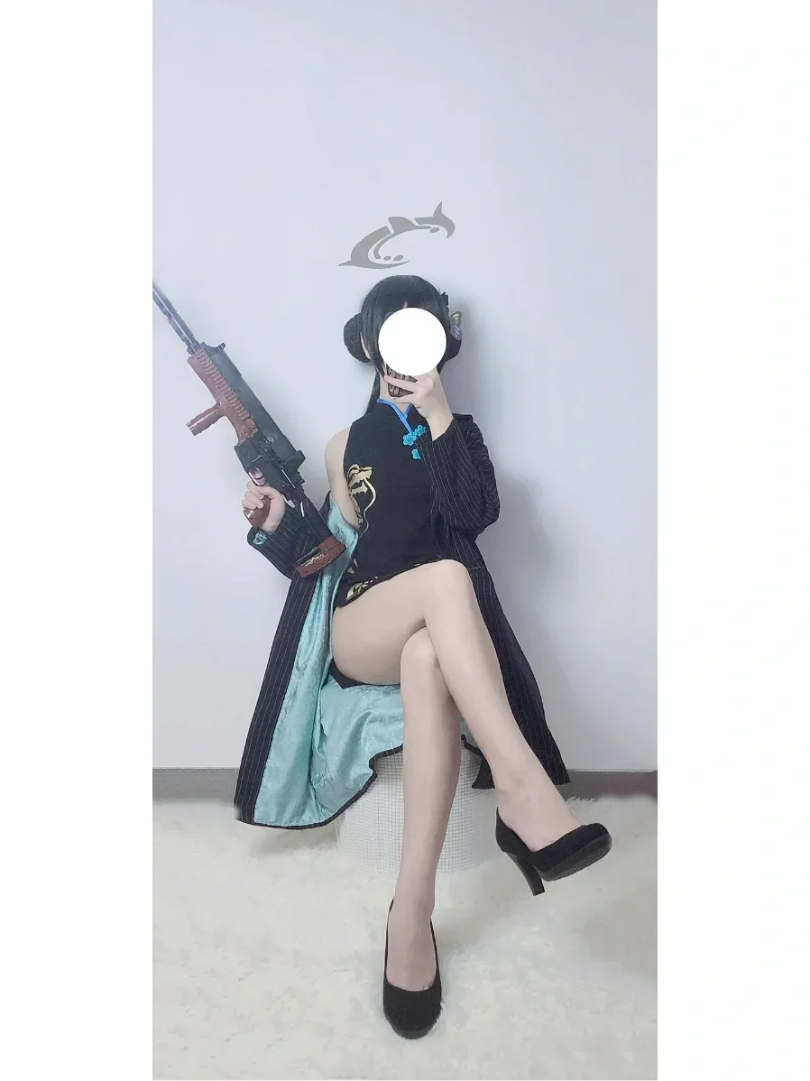 妃咲cos, 碧蓝档案, 二次元cosplay, 黑旗袍穿搭, 高开叉裙 - 第8张