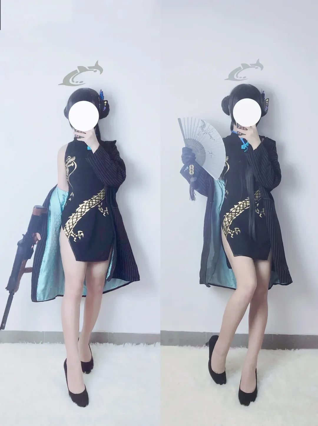 妃咲cos, 碧蓝档案, 二次元cosplay, 黑旗袍穿搭, 高开叉裙 - 第9张