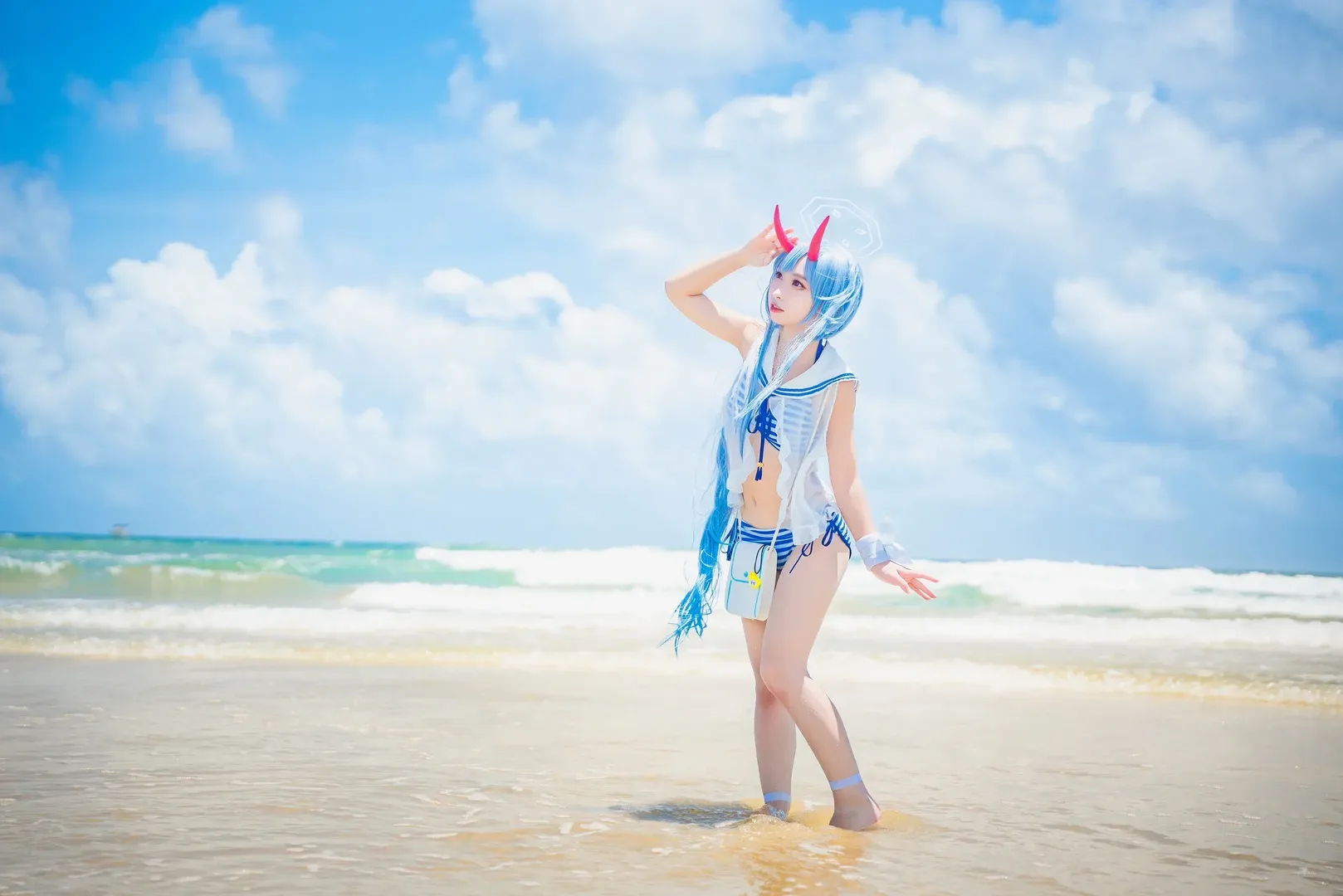 二次元少女, 碧蓝档案, 泳装cos, 海边拍照, 千世cos - 第2张