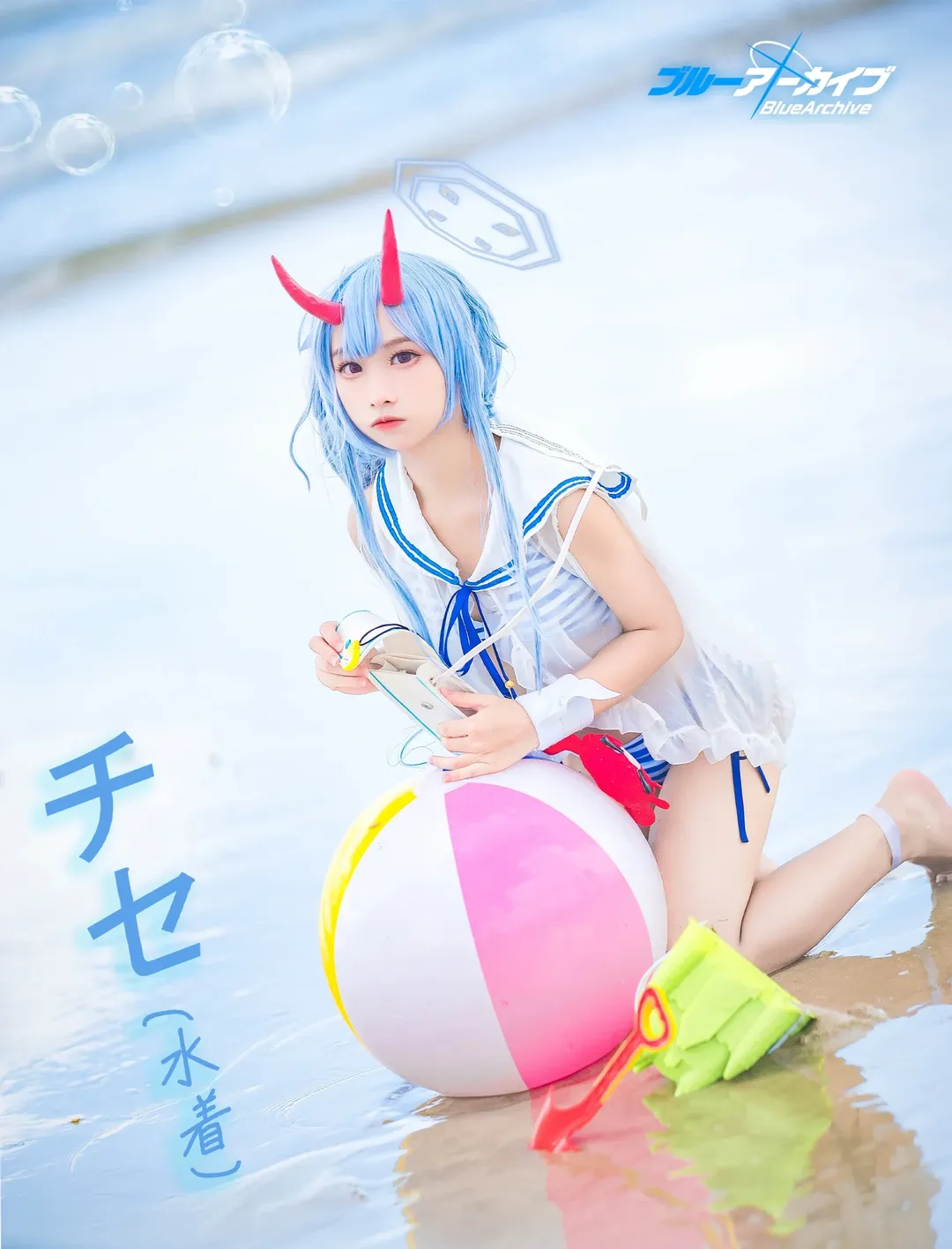 碧蓝档案, 二次元cosplay, 和乐千世cos, 夏日泳装, 海边拍照 - 第2张