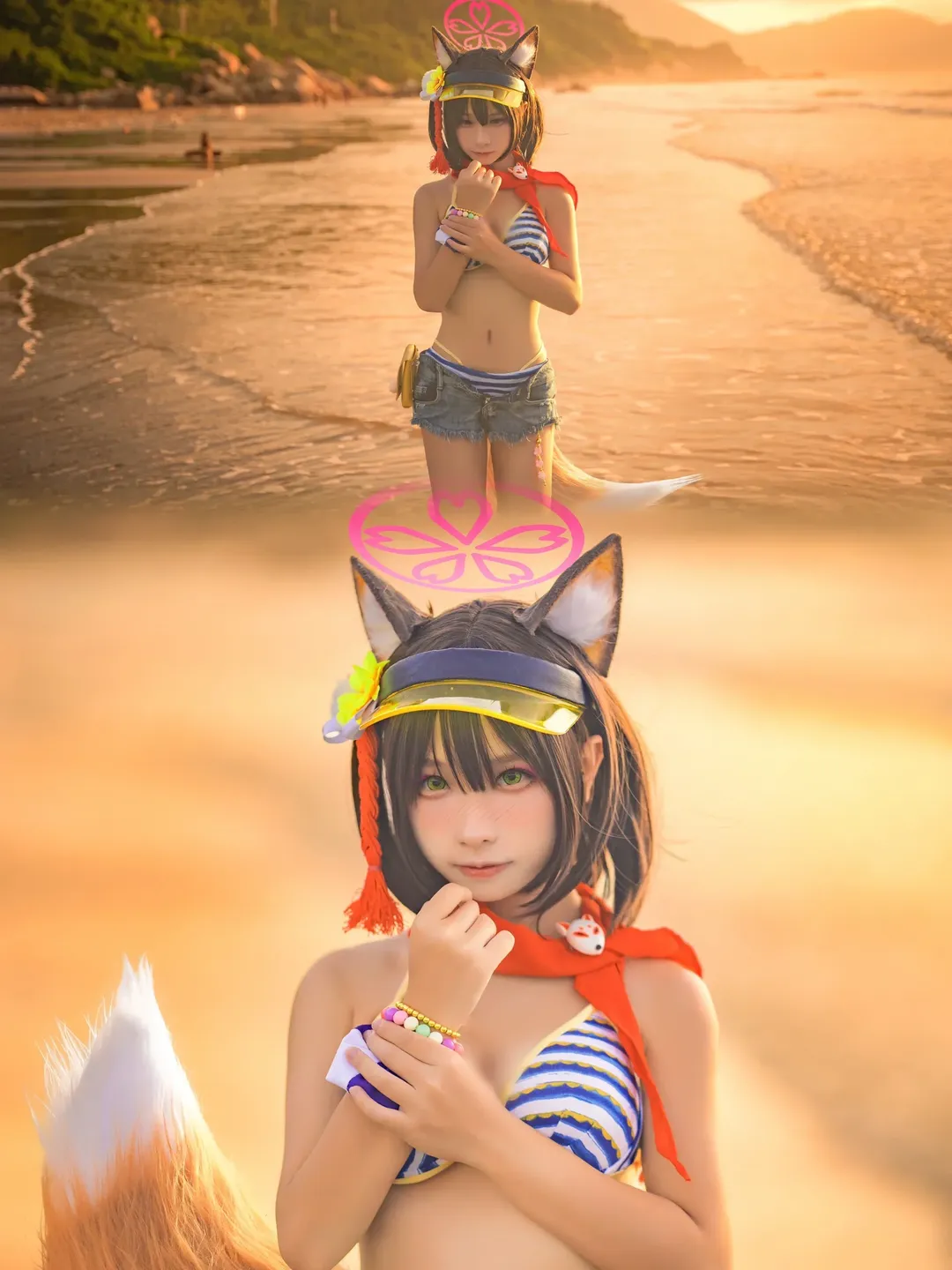 碧蓝档案, 泳装cosplay, 久田泉奈cos, 夏日海边摄影, 二次元少女还原