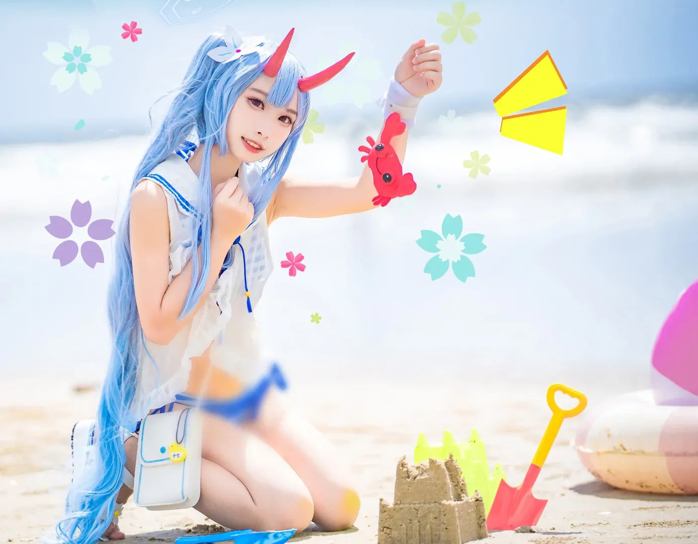 碧蓝档案, 海滩摄影, 泳装cosplay, 夏日写真, 和乐千世cos - 第3张