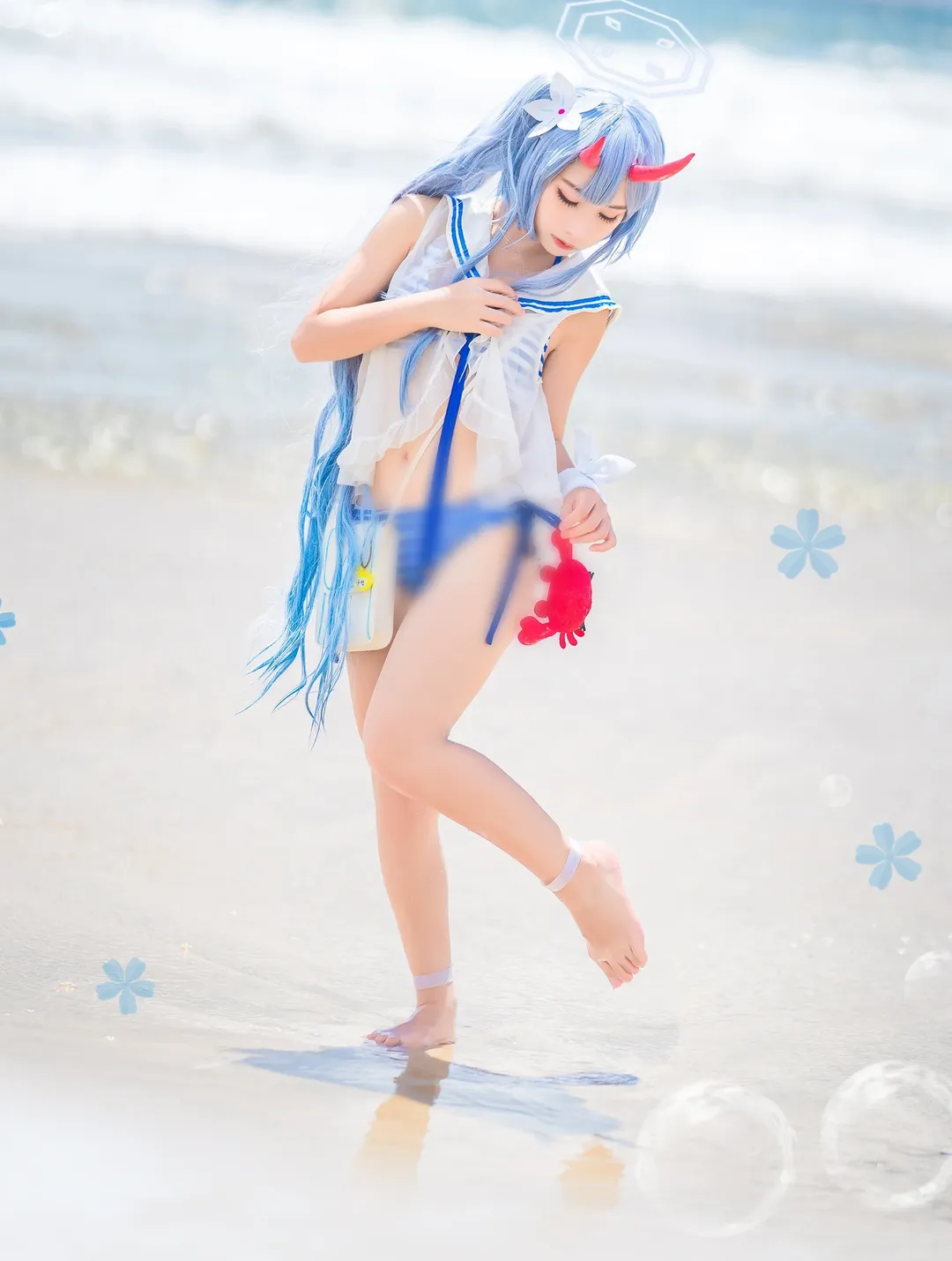 碧蓝档案, 海滩摄影, 泳装cosplay, 夏日写真, 和乐千世cos
