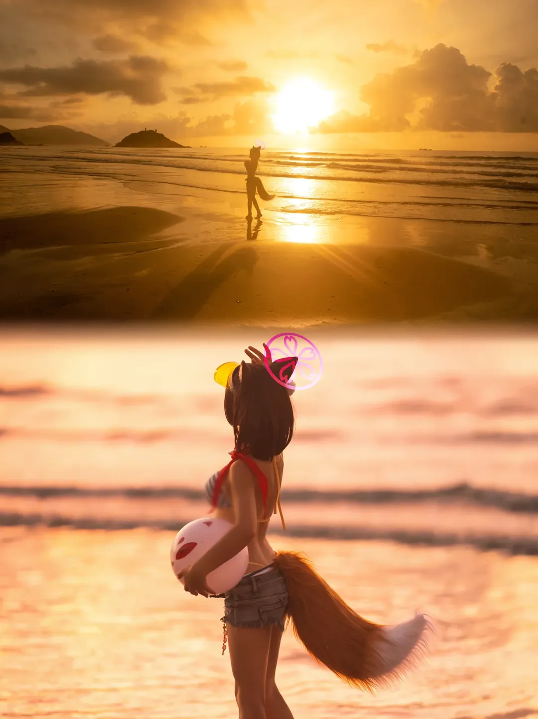 Blue Archive, Swimsuit cosplay, Cosplay photography, Kuda Izuna cosplay, Seaside sunrise - Image 1