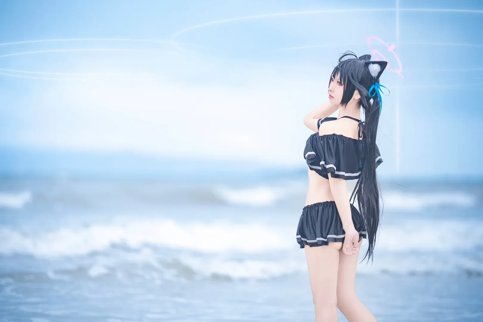 二次元摄影, 蔚蓝档案, 泳装cos, 黑见芹香cos, 海滩写真 - 第2张