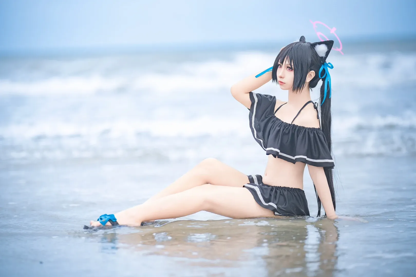 二次元摄影, 蔚蓝档案, 泳装cos, 黑见芹香cos, 海滩写真 - 第3张