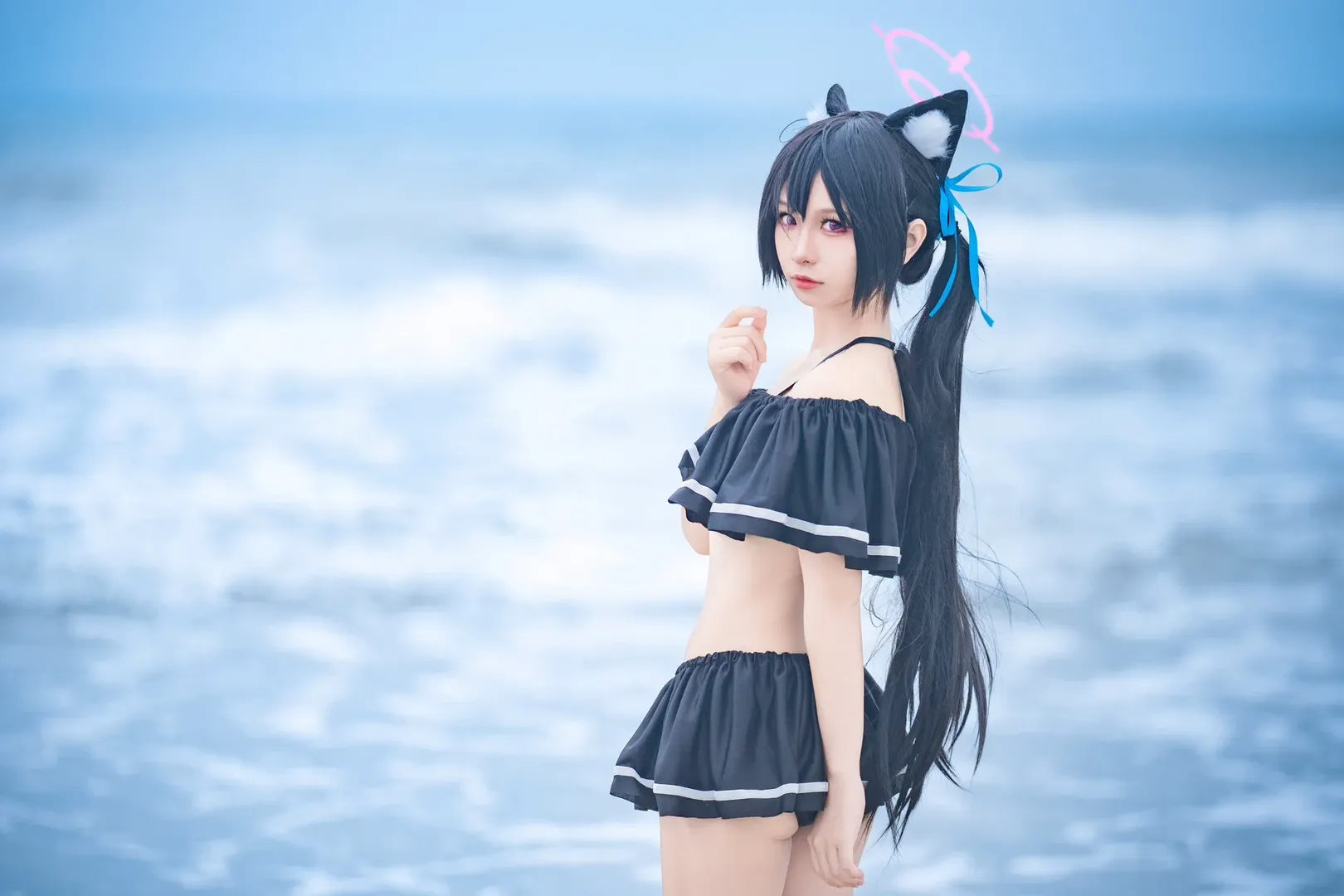 Anime-style photography, Blue Archive, Swimsuit cosplay, Kuromi Serika cosplay, Beach photo shoot