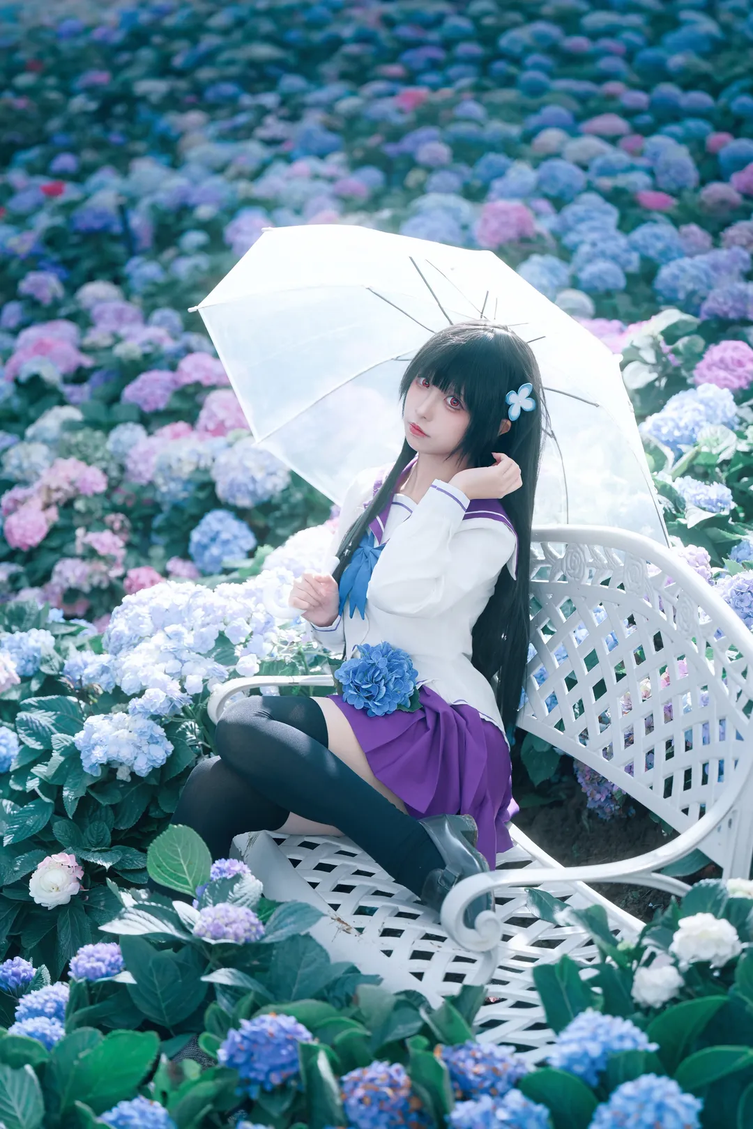 散华礼弥cos, 僵尸哪有那么萌, cosplay摄影, 绣球花拍照, 无尽夏花海