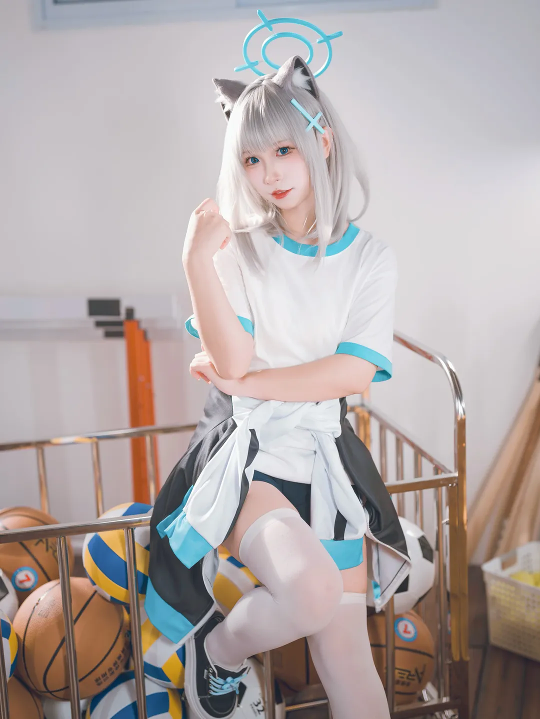 蔚蓝档案, 砂狼白子cos, cosplay摄影, 体操服cosplay, 二次元白丝
