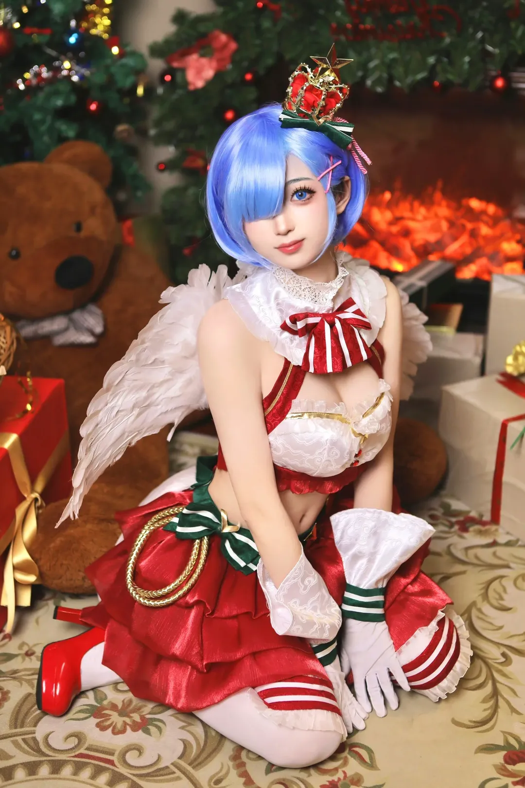 蕾姆cos, Re从零开始的异世界生活, 圣诞cosplay, 天使装扮, 壁炉氛围