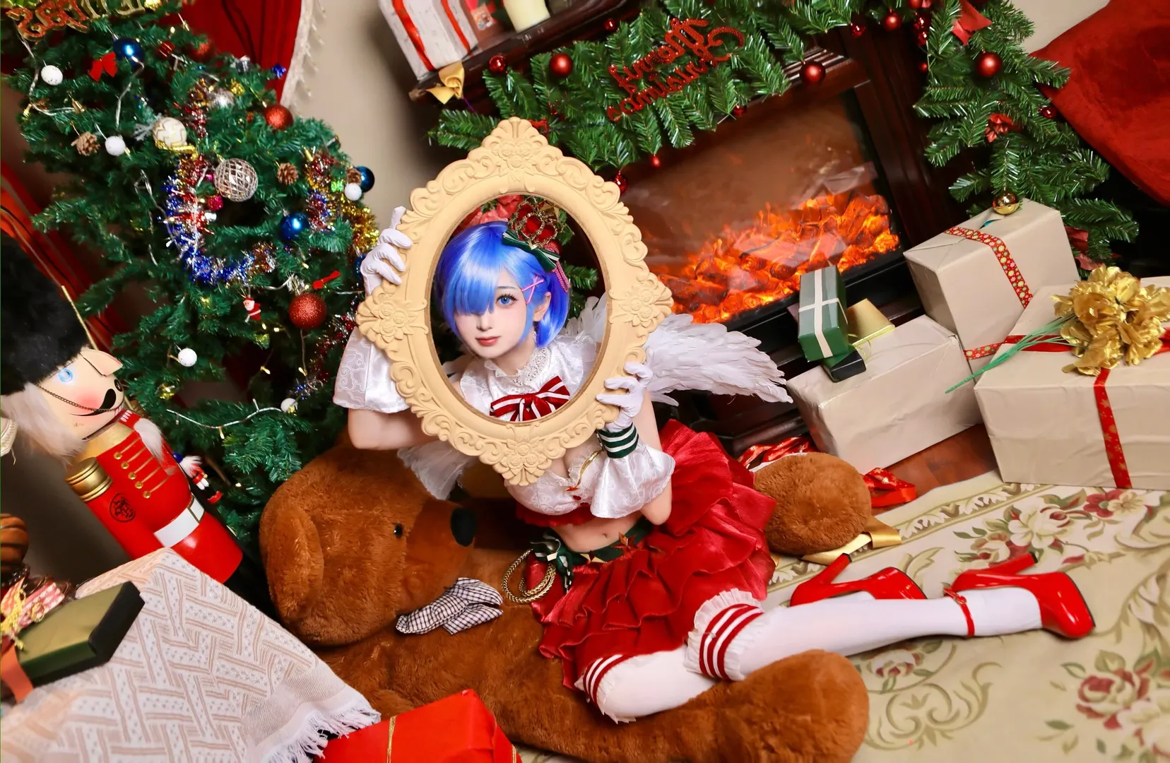 蕾姆cos, Re从零开始的异世界生活, 圣诞cosplay, 天使装扮, 壁炉氛围 - 第8张