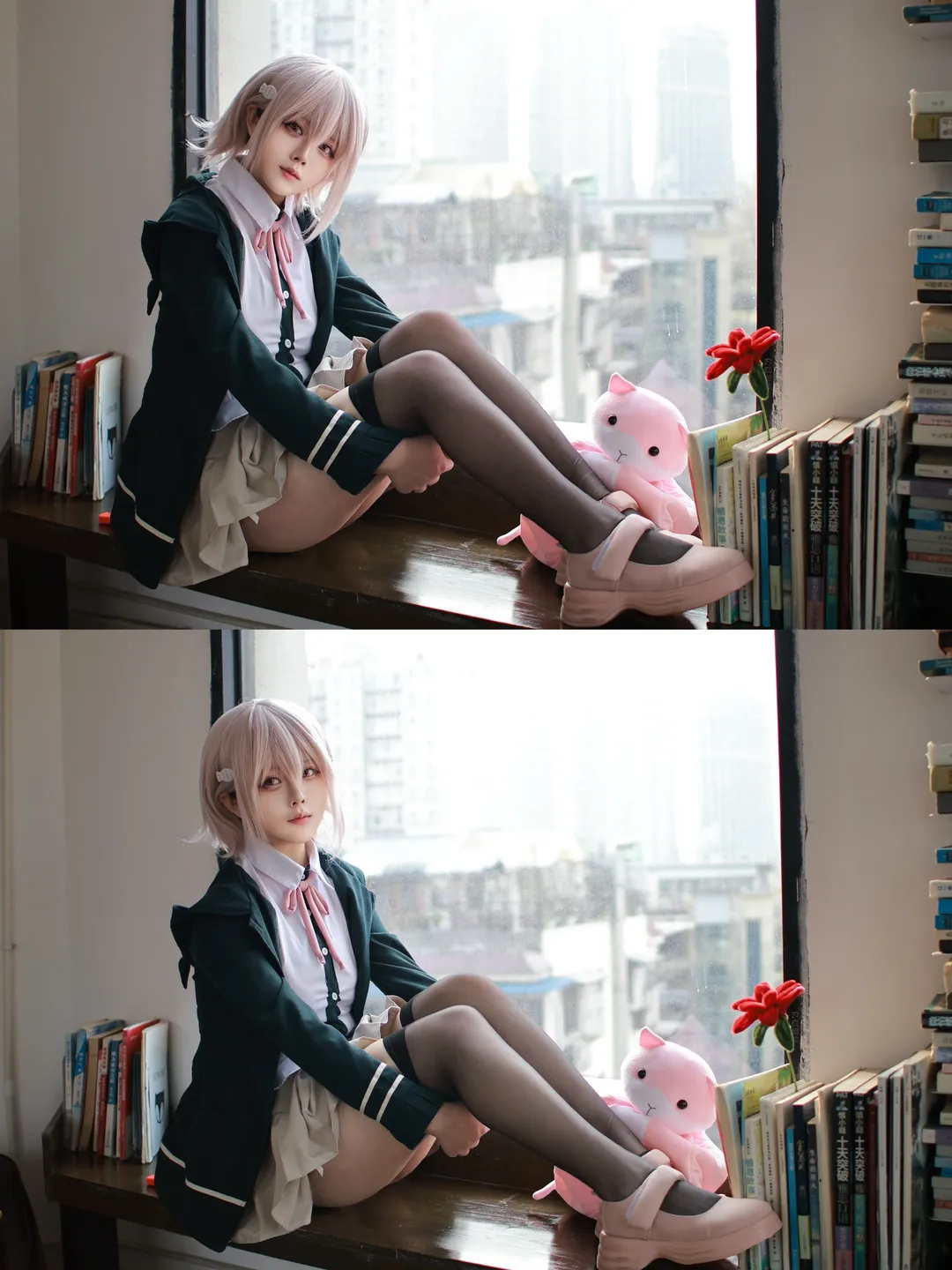 2D daily life, Over-the-knee socks outfit, Chiaki Nanami cosplay, Atmospheric photoshoot by the window, School Uniform Sharing - Image 2